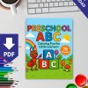 The 78 Preschool Alphabet Coloring Pages PDF Digital Download is on a desk with colored pencils, a keyboard, and a cup of coffee.