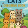 Illustrated cover of Kittens Adventures - 21 Cat Coloring Pages shows six cute cartoon cats outdoors on grass with trees and a blue sky. A purple circle in the bottom right notes “21 pages.”.