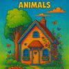 A colorful illustration of a yellow and blue farmhouse with a heart on the door, flowers, butterflies, a nearby tree, and “My First Farmhouse Animals (12 Pages)” in bold yellow letters above.