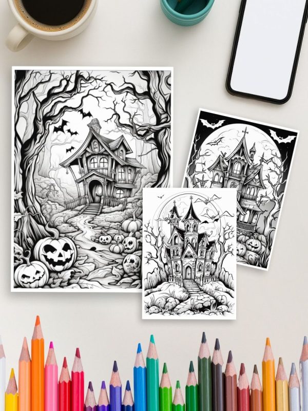 Haunted Manor: 45 Spooky Halloween House Coloring Pages for Kids and Adults - Image 4