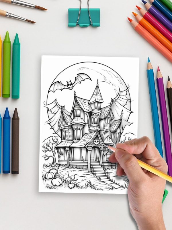 Haunted Manor: 45 Spooky Halloween House Coloring Pages for Kids and Adults - Image 5