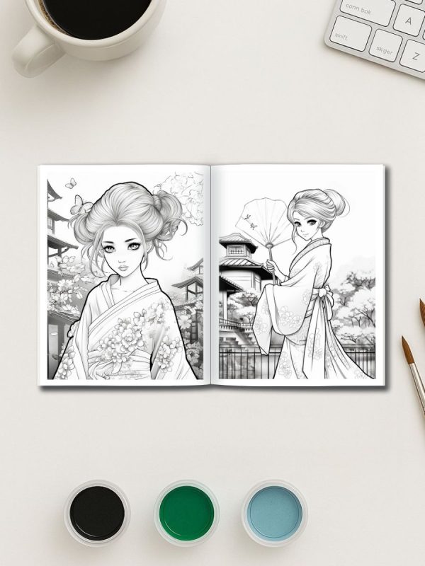 Geisha Grace: 29 Japanese Women Coloring Pages for Adults - Image 3