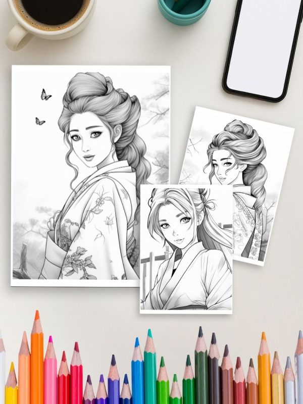 Geisha Grace: 29 Japanese Women Coloring Pages for Adults - Image 4
