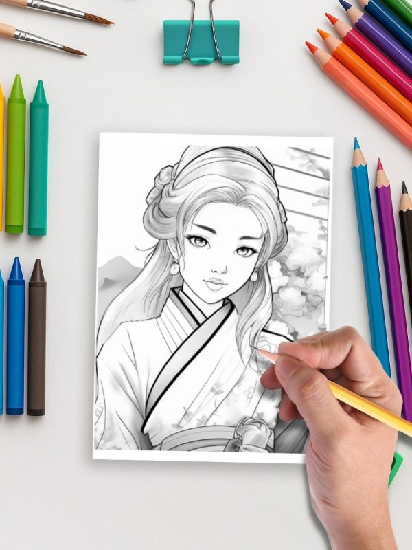 Geisha Grace: 29 Japanese Women Coloring Pages for Adults - Image 5